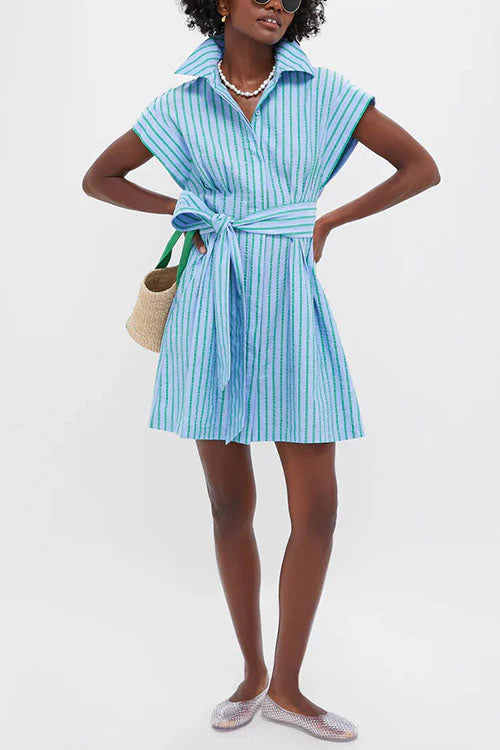 Short Sleeves Button Down Tie Waist Striped Mini Dress
