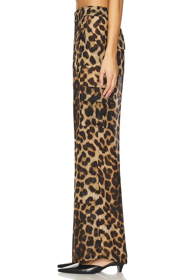 Minka Chiffon Leopard Elastic Waist Pocketed Loose Cargo Pants