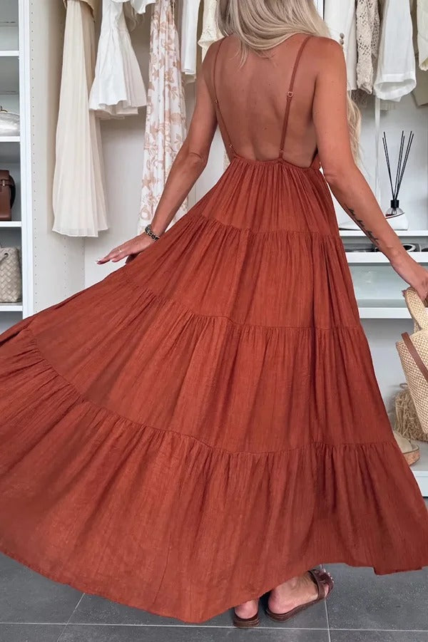 Bohemian Style V-neck Backless Slip Layered Vacation Maxi Dress