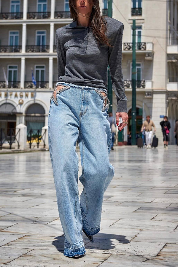 Denim Side Waist Rhinestone Embellished Star Cutout Pocket Straight Leg Jeans