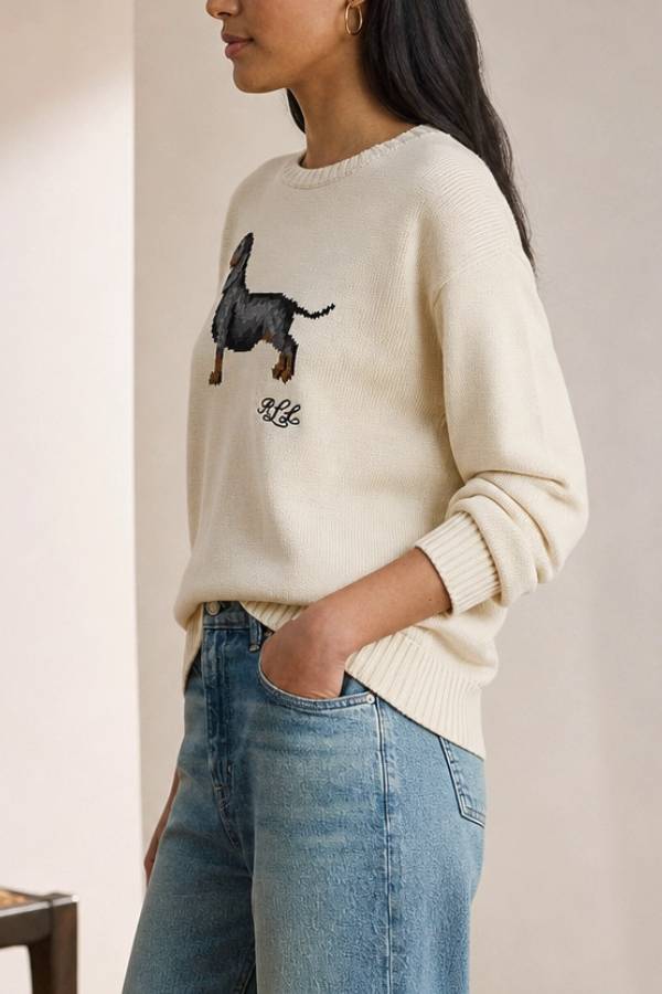 Vintage Dachshund Jacquard Crew Neck Knit Sweater