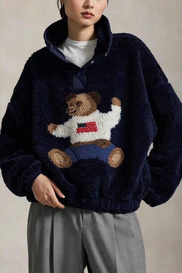 American Retro Polo Bear Pattern Stand Button Neck Long Sleeve Fleece Pullover