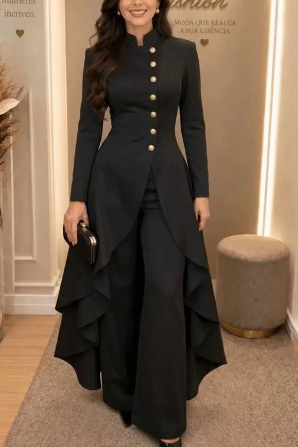 Jemma Stand Neck Long Sleeve Button High Low Hem Top and Wide Leg Pants Set