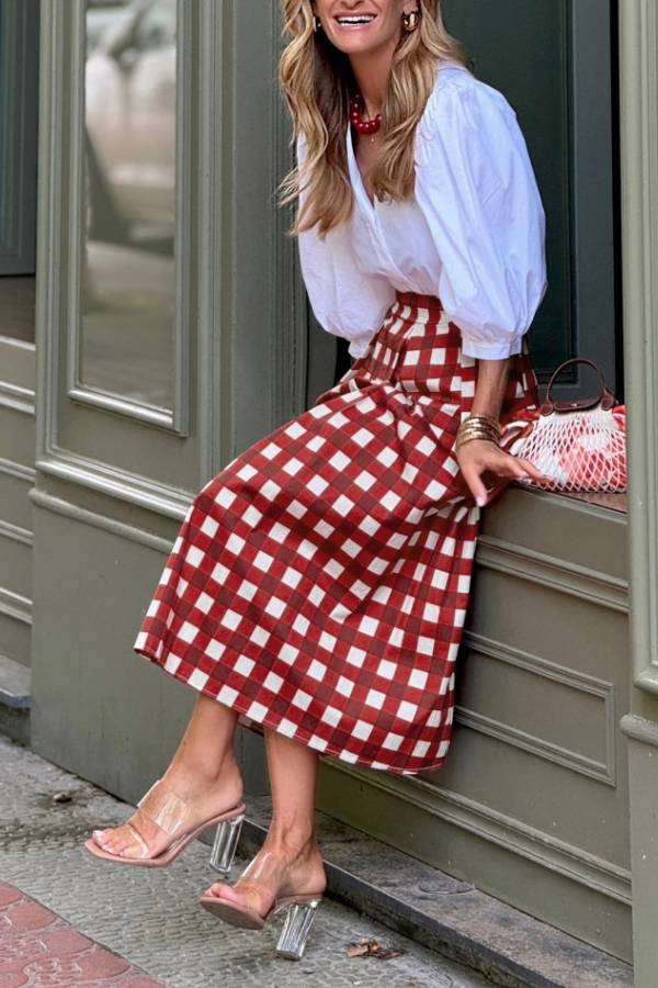 Vintage Gingham High Waist Pleated A Line Midi Skirt
