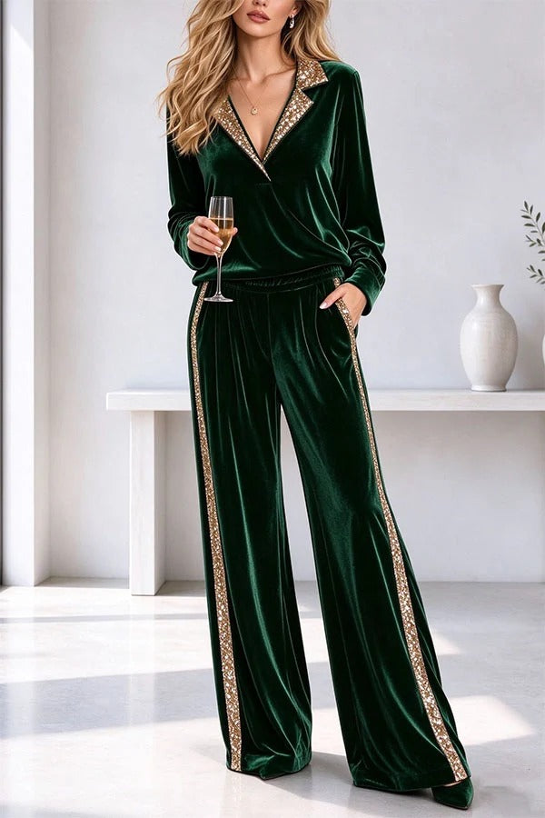 Elegant Velvet Sequin Trim Lapel Top with An Elastic Waist Pocket Wide Leg Pants Set