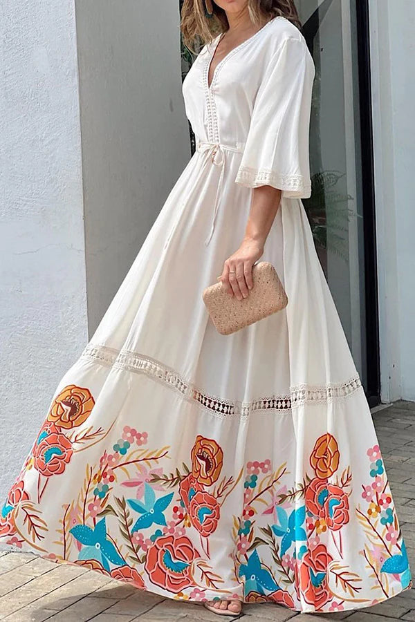 Elegant Unique Printed Lace Patchwork Lace Up Maxi Dress