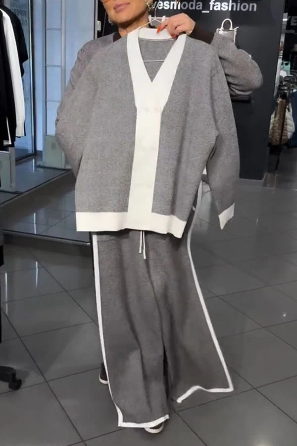 Merrin Knit Color Block Trim Double Breasted Cardigan and Elastic Waist Pocket Loose Pants Set