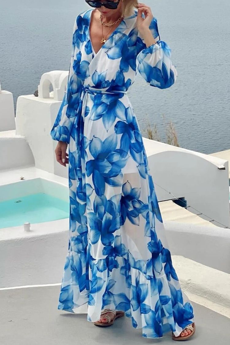 Island Girl Floral Print V-neck Long Sleeve Tie Slit Holiday Maxi Dress