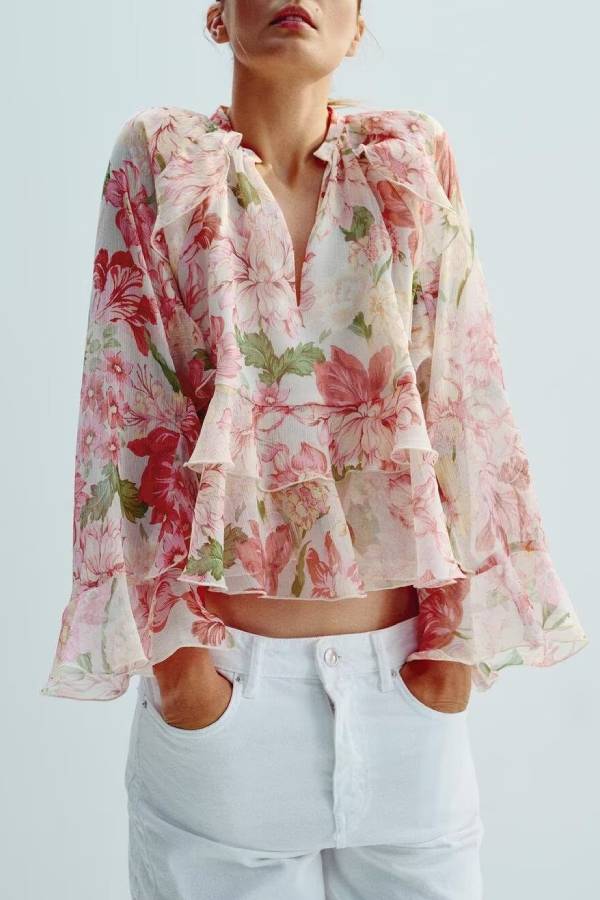 Pink Floral Print Ruffle V Neck Cropped Chiffon Blouse