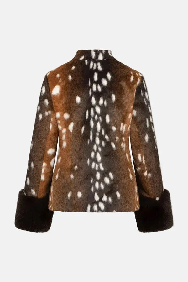 Retro Street Style Faux Fur Animal Print Stand Collar Button Furry Cuffs Jacket
