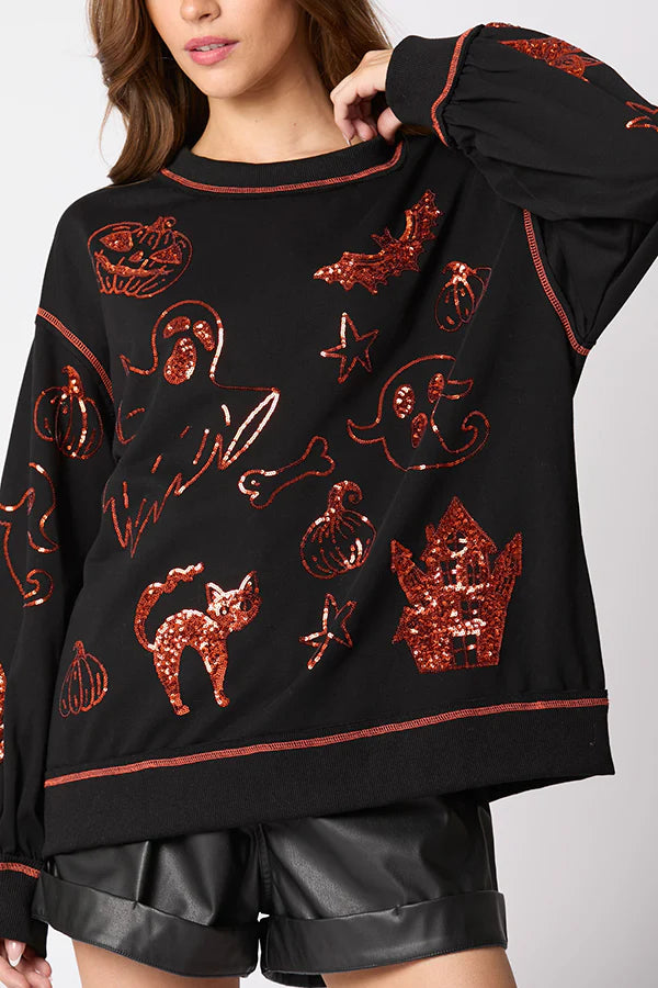 Halloween Graffiti Sequined Loose Casual Sweatshirt