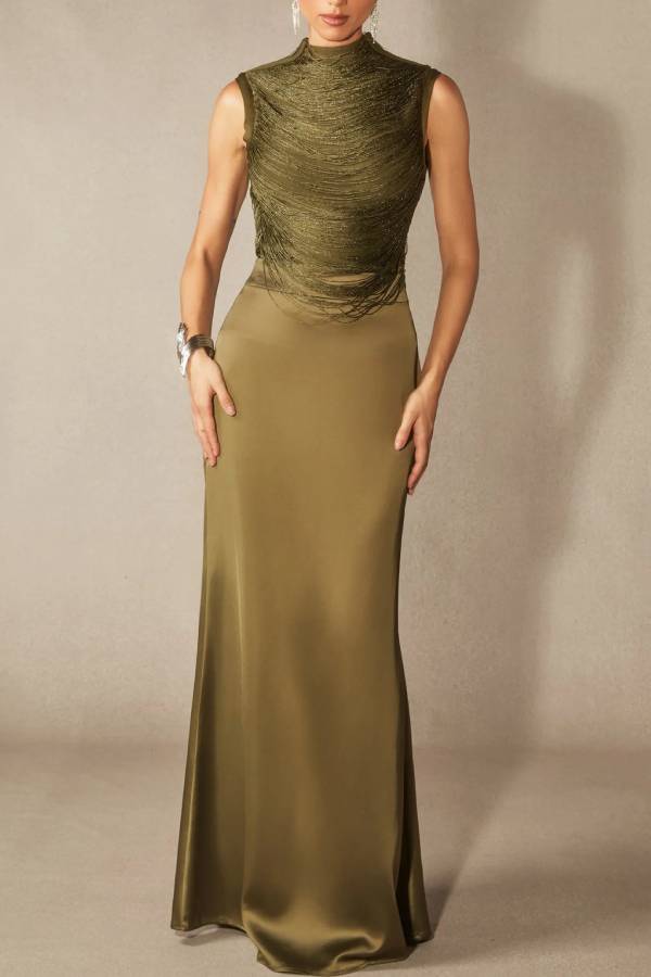 Alisha Sleeveless Beaded Crop Top & Satin Skirt Set