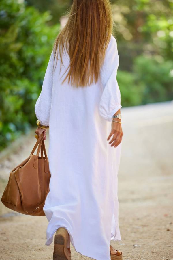 Solid Linen Blend Casual V Neck Balloon Sleeve Maxi Dress