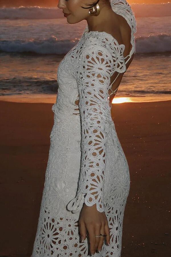 Forever Sunsets Crochet Back Lace-up Coverup Maxi Dress