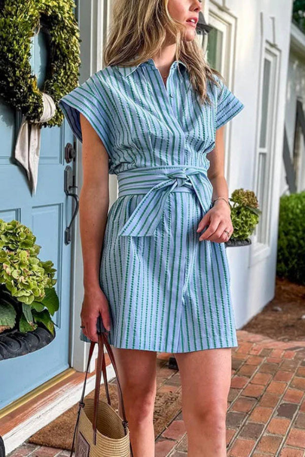 Short Sleeves Button Down Tie Waist Striped Mini Dress