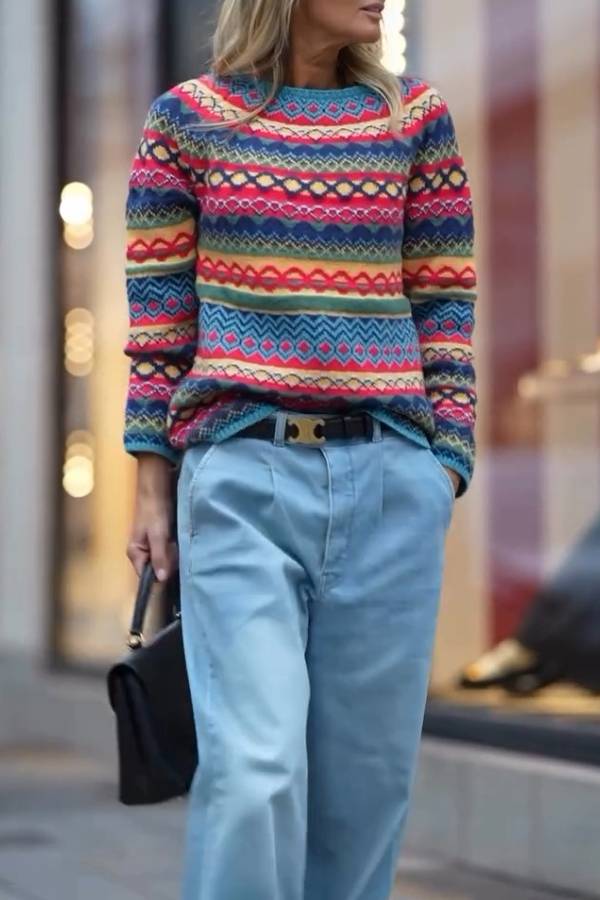 Vintage Fair Isle Colorful Stripe Crew Neck Knit Sweater