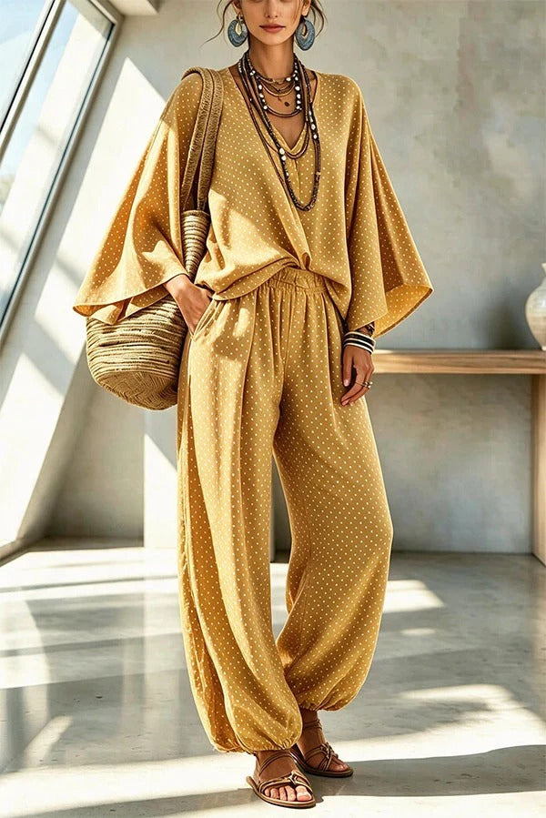 Retro Style Polka Dot Print Batwing Sleeve Top and Elastic Waist Loose Jogger Pants Set