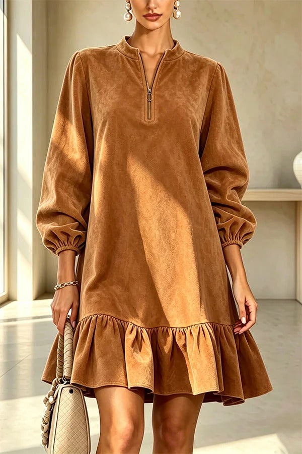 Suede Zipper Neck Long Balloon Sleeve Ruffle Hem Mini Dress
