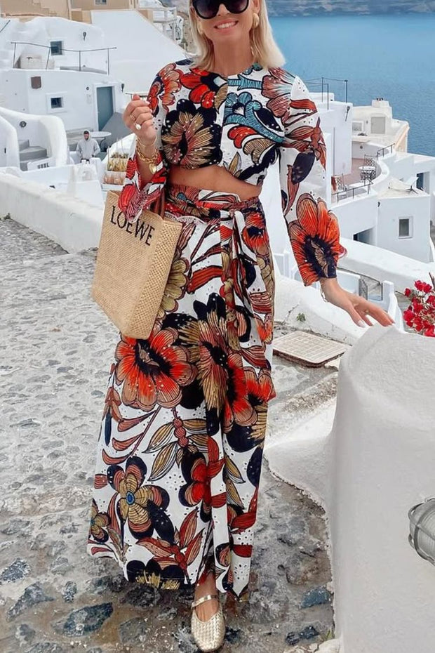 Vacay Mode Hollow Lace Unique Print Bell Sleeve Crop Top and Tie-up Maxi Skirt Set
