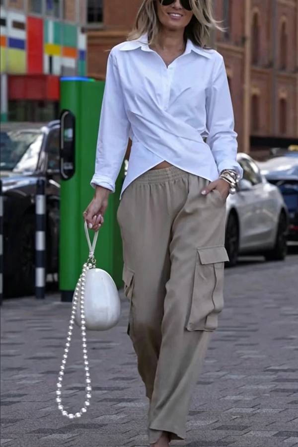 Unique Street Mid Rise Elastic Waist Pocket Wide Leg Cargo Pants