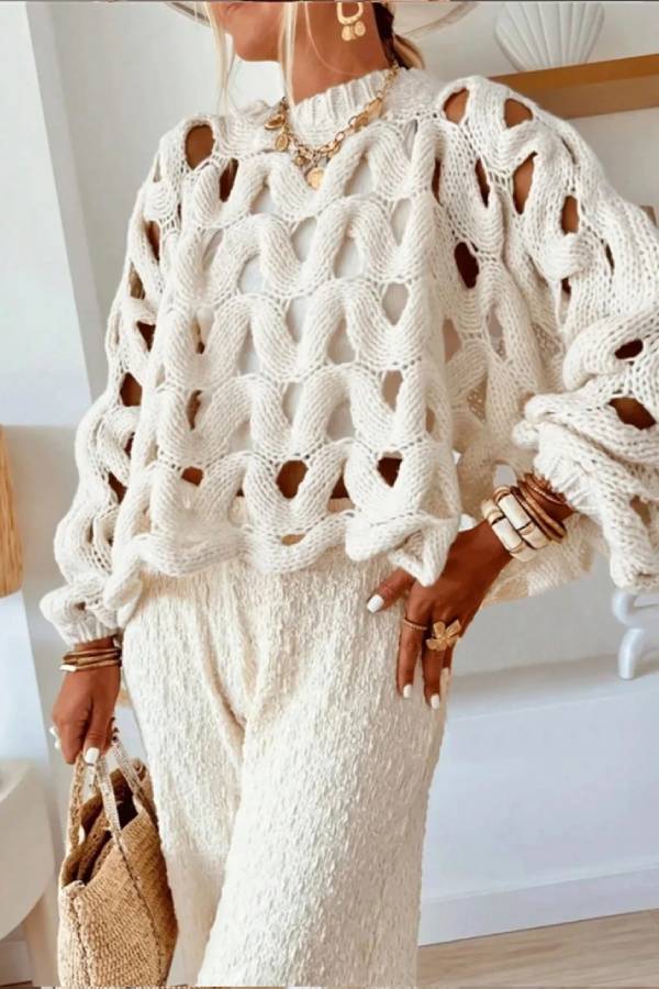 Thick Yarn Hollow Cable Knit Puff Sleeve Cropped Sweater Cover Up