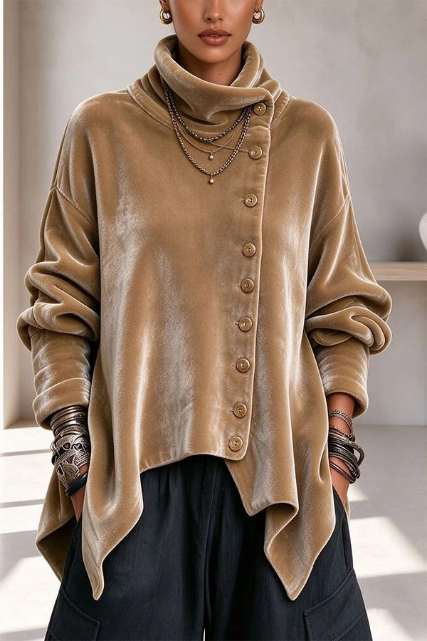 Casual Chic Velvet High Neck Long Sleeve Button Detail Asymmetrical Hem Top