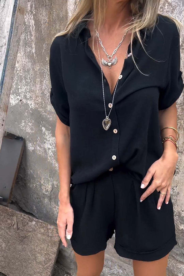 Linen Blend Solid Color Button Lapel Short Sleeve Shirt and Casual Pocket Shorts Set