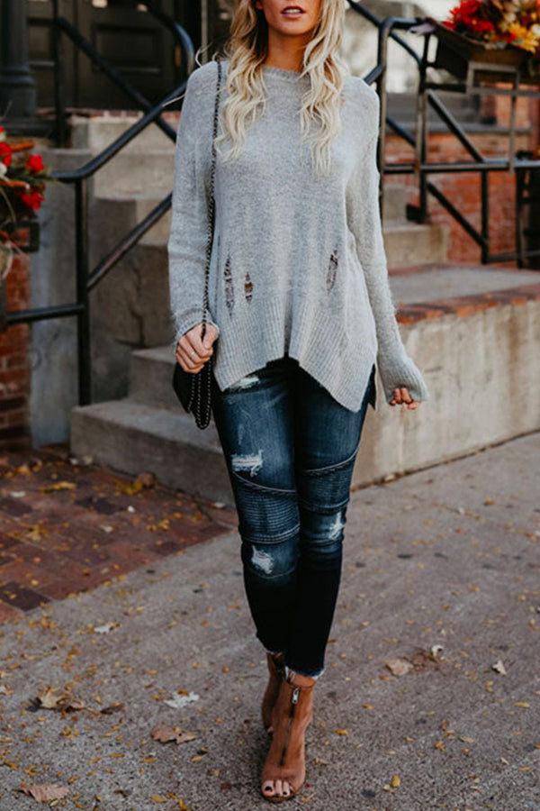 Crewneck Side Split Ripped Comfy Sweater