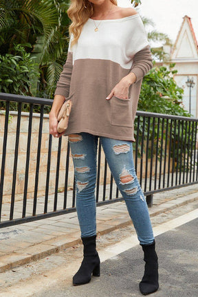 Two Tone Drop Shoulder Patched Pocket Color Block Oversized Sweater