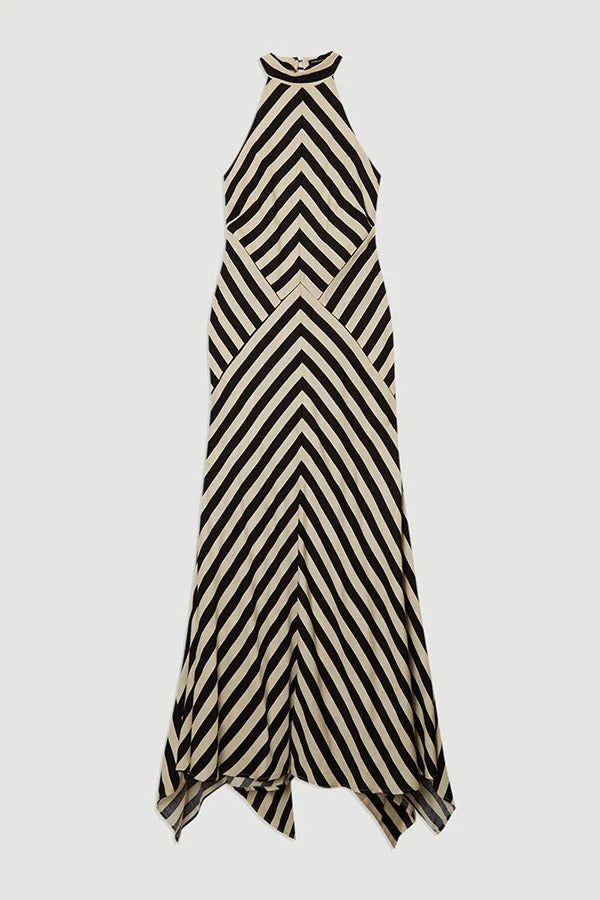 Modern Perfection Geometric Stripes Print Open Back Irregular Hem Maxi Dress