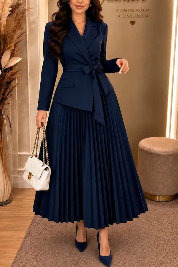 Sophisticated Workwear Long Sleeve Lapel Tie-up Waist Pleated Hem Blazer Maxi Dress