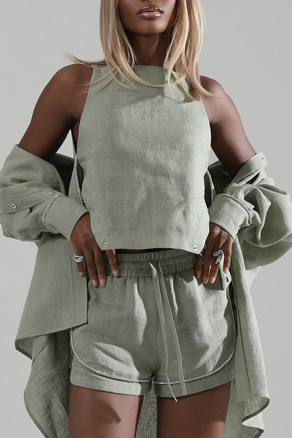 Alanah Linen Blend Silver Tirm Side Button Tank and Elastic Waist Pocket Shorts Set