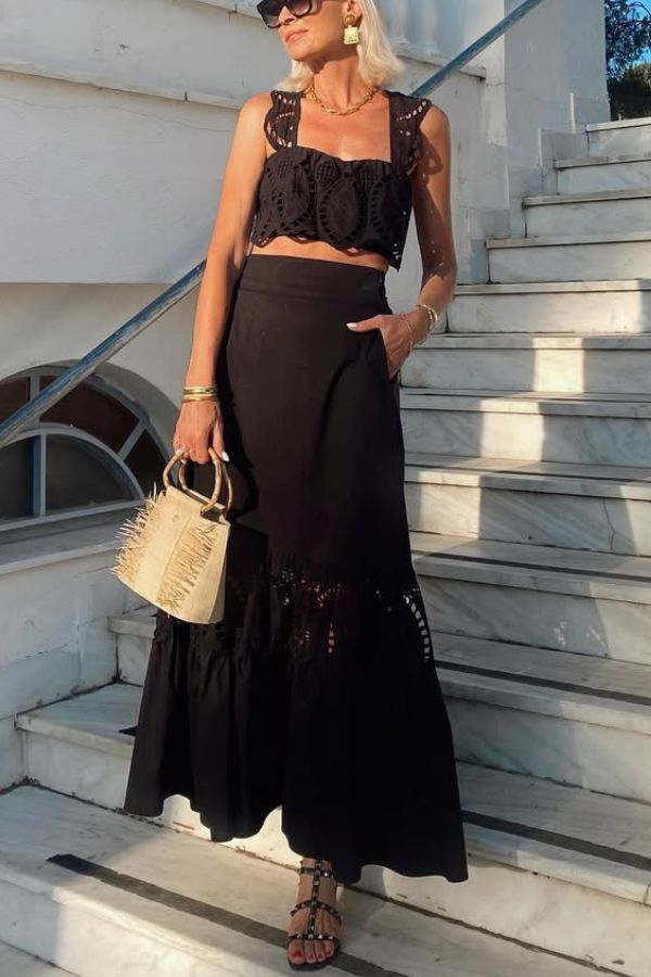 Summer City Hollow Lace Crop Tank and Elastic Waist Pocketed A-line Maxi Skirt Set