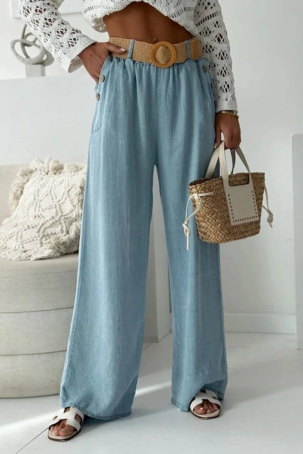 Lopez Denim Side Button Pocket Woven Round-Buckle Belt Elastic Waist Wide Leg Jeans
