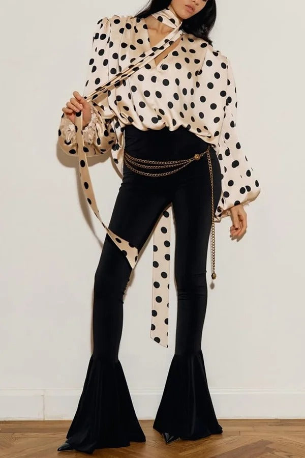Chrissa Satin Polka Dot Print Lace Trim Tie-up Neck Balloon Sleeve Loose Blouse
