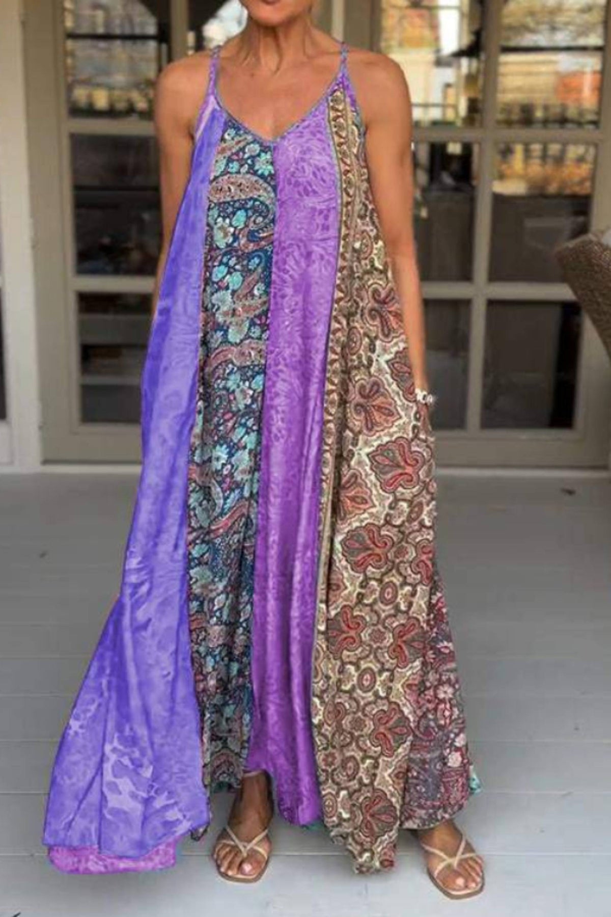 Unique Printed Loose Holiday Strap Big Hem Maxi Dress