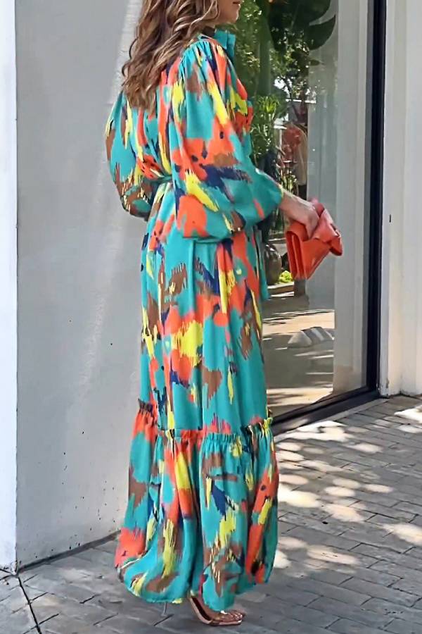 Watercolor Floral Collared Shirt Dress Belted Bubble Sleeve Ruffle Maxi Vacation Dress