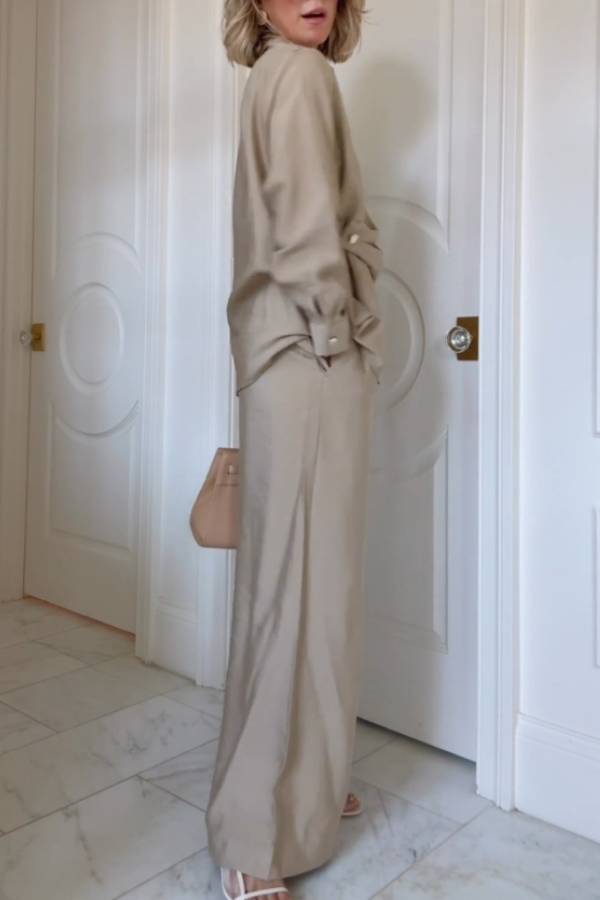 Cross-waist shirt and wide-leg pants suit