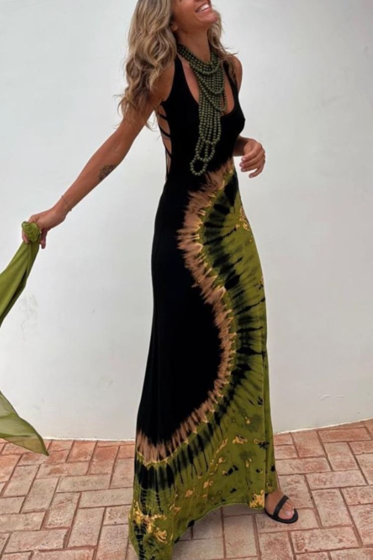 Summer Adventures Tie-dye Print Back Lace-up Stretch Maxi Dress