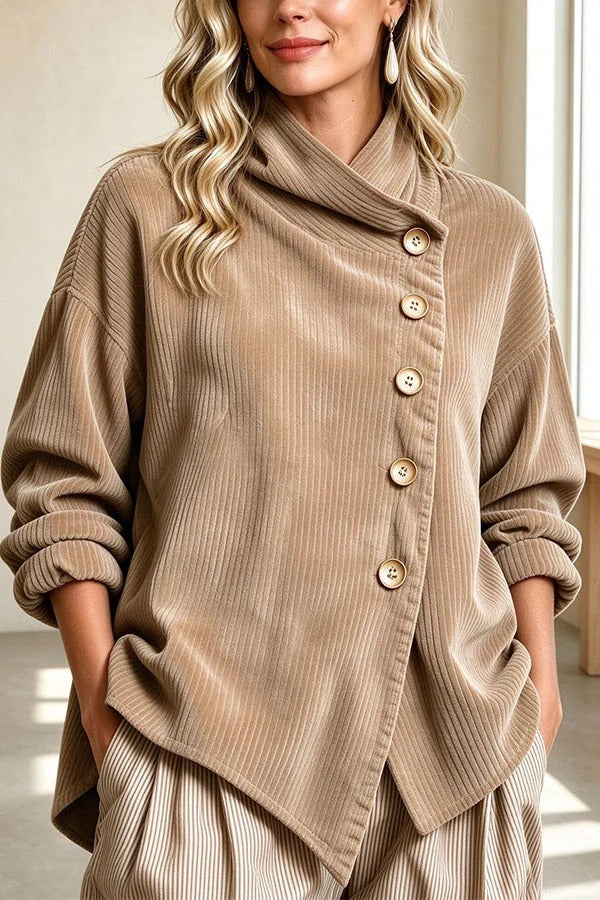 Chic Slanted Button High-Neck Corduroy Outerwear