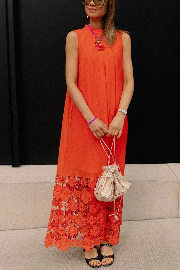 Breezy Comfort Tie-up Neck Sleeveless Floral Lace Hem Maxi Dress