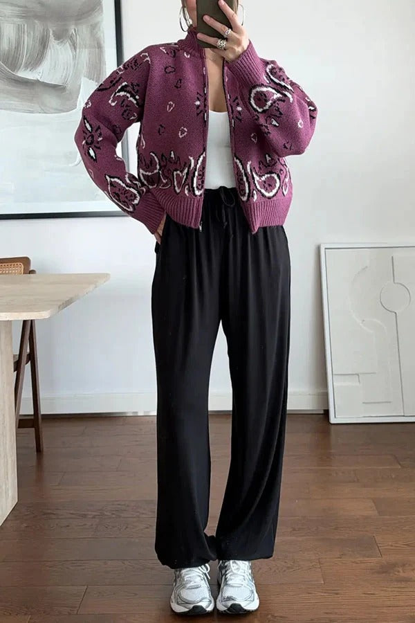 Bandana Knit Printed High Neck Long Sleeve Zipper Relaxed Cardigan
