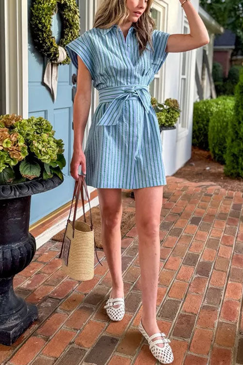 Short Sleeves Button Down Tie Waist Striped Mini Dress