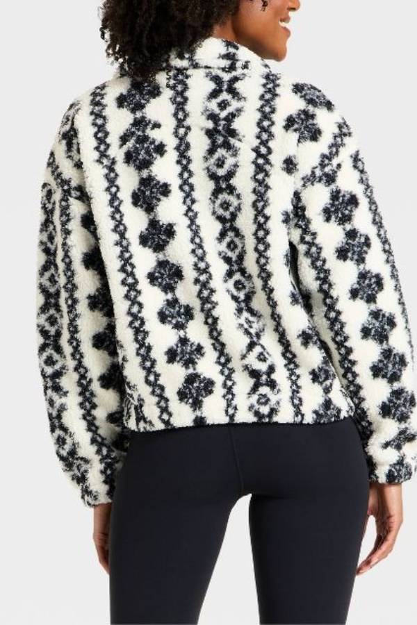 Geometric print half-zip turtleneck plush coat