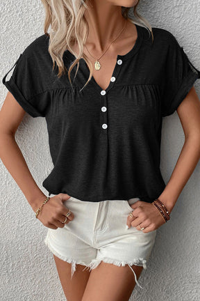 Solid Button V Neck Short Sleeve Top