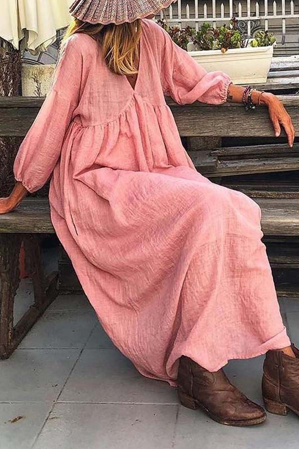 Fashionable V-neck loose casual dress solid color vacation style cotton and linen dress