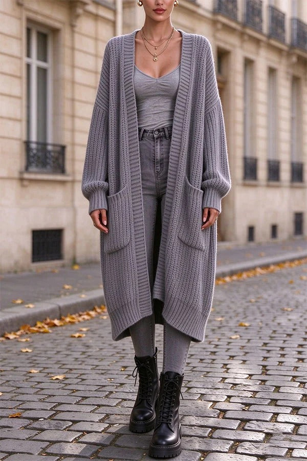 Trendy Thick Knit Open Front Long Sleeve Pocket Oversized Midi Cardigan