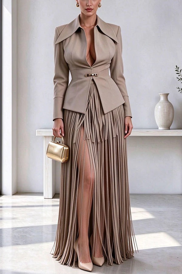 Maderia Structured Blazer & Tassel Skirt Two-Piece Set
