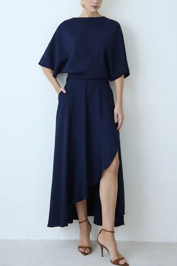 Modern and Elegant Satin Half Wide Sleeve Wrap Style Pocket Slit Loose Maxi Dress