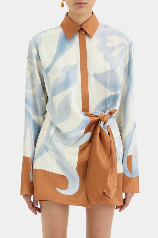 Lake Days Satin Colorblock Unique Print Tie-up Shirt Mini Dress